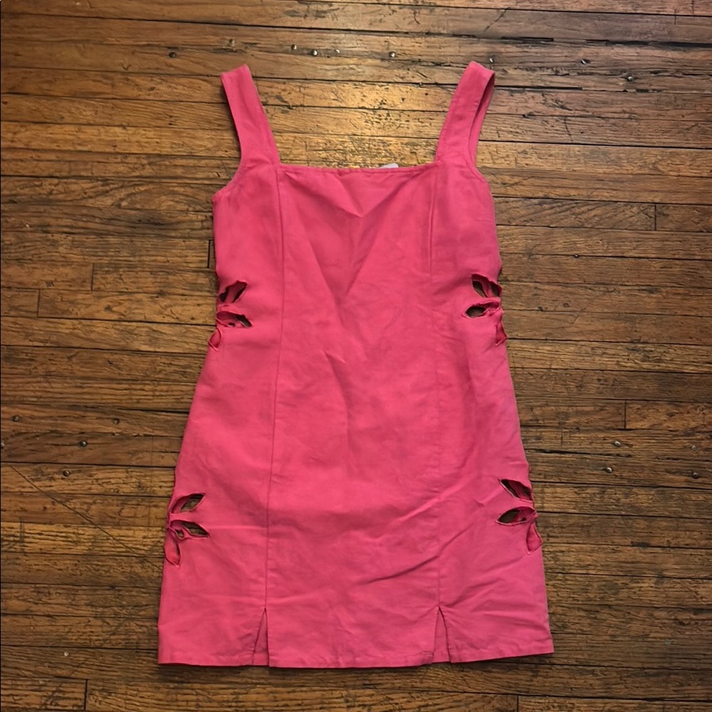Pink Tach Sleeveless Flowers Cutout Dress